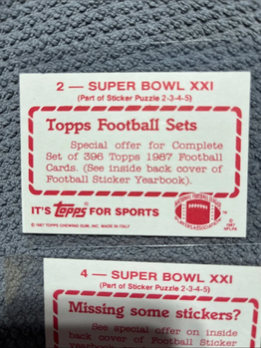 1987 4 Topps stickers (#2-3-4-5) celebrating Super Bowl XXI (Phil Simms, Oates,